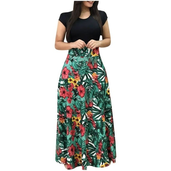 Fesfesfes Womens Dress Floral Print Round Neck Spring Dress Loose Casual Short Sleeve Boho Dress Splicing Boho Long