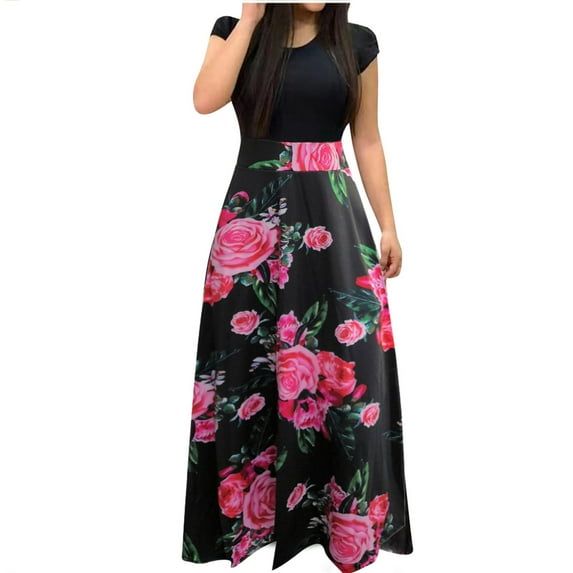 Fesfesfes Womens Dress Floral Print Round Neck Spring Dress Loose Casual Short Sleeve Boho Dress Splicing Boho Long