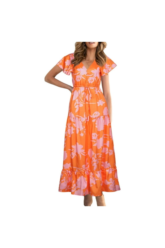 Womens Dress Floral Print Round Neck Spring Dress Loose Casual Short Sleeve Dress Beach Bohemian Ruffles Holiday Dress
