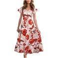 thumbnail image 1 of Fesfesfes Womens Dress Floral Print Round Neck Spring Dress Loose Casual Short Sleeve Dress Beach Bohemian Ruffles Holiday Dress, 1 of 9