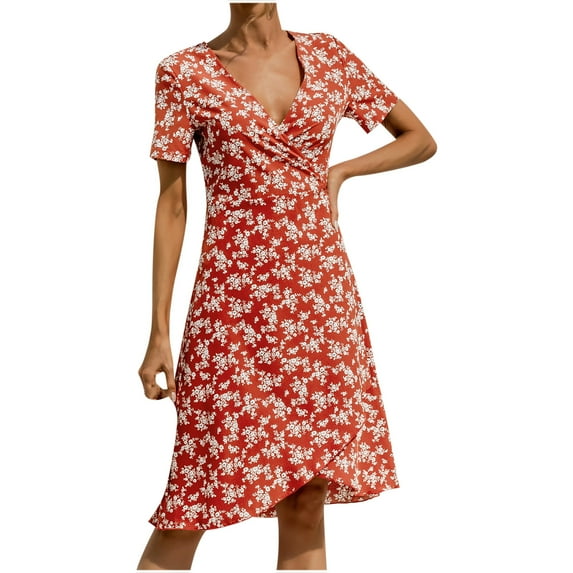 Fesfesfes Womens Dress Floral Print Round Neck Spring Dress Loose Casual Short Sleeve Lace Up Party Beach Dress