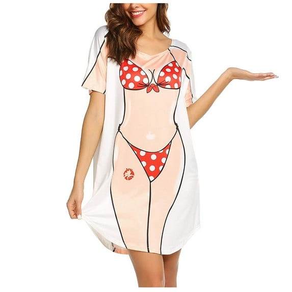 Fesfesfes Womens Dress Floral Print Round Neck Spring Dress Loose Casual Short Sleeve Ladies Creative Cute Sexy Bikini Print Round Neck Loose Casual Dress