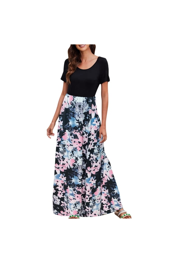 Womens Dress Floral Print Round Neck Spring Dress Loose Casual Short Sleeve Maxi Boho ress