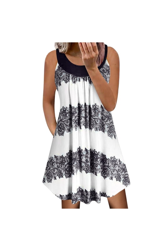 Womens Dress Floral Print Round Neck Spring Tank Dress Loose Casual Sleeveless Knee-length Vest Dress