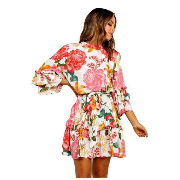 Fesfesfes Womens Dress Floral Print Round Neck Summer Dress Loose Casual 3/4 Sleeve Mini Sundress