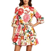 Fesfesfes Womens Dress Floral Print Round Neck Summer Dress Loose Casual 3/4 Sleeve Mini Sundress