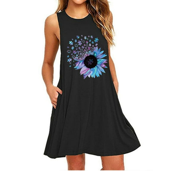 Fesfesfes Womens Dress Floral Print Round Neck Summer Dress Loose Casual Sleeveless Tank Dress for Women Midi Beach Vest Sundress