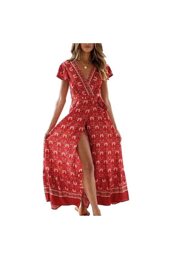 Womens Dress Floral Print V Neck Spring Dress Loose Casual Short Sleeve Beach Bohemian Floral Print Slit Beach Dress