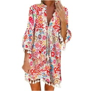 Fesfesfes Womens Dress Floral Print V Neck Spring Dress Loose Casual Short Sleeve Beach Cover Up Tassel Tunic Dress