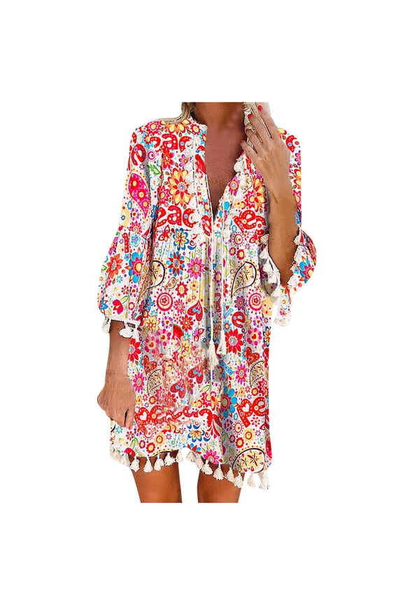 Womens Dress Floral Print V Neck Spring Dress Loose Casual Short Sleeve Beach Cover Up Tassel Tunic Dress