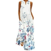 Fesfesfes Womens Dress Floral Print V Neck Spring Long Dress Loose Casual Sleeveless Beach Dress with Pocket