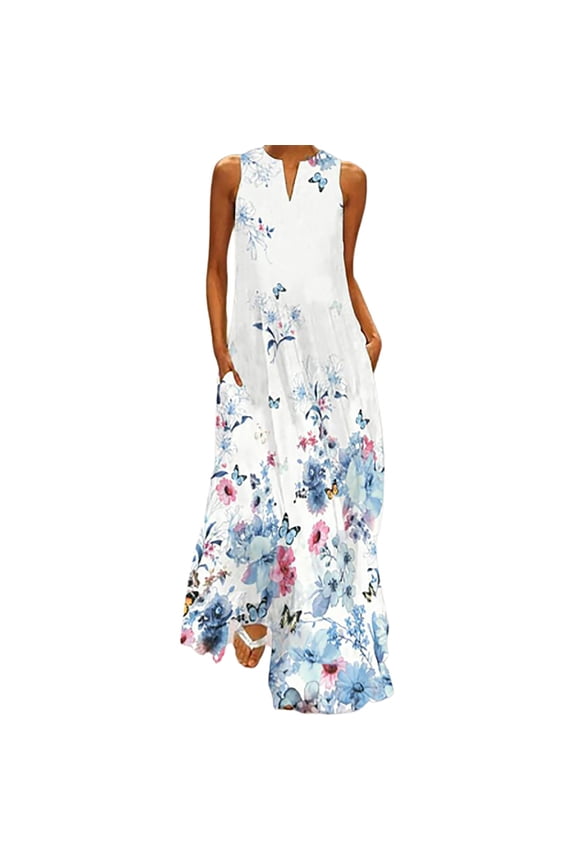 Womens Dress Floral Print V Neck Spring Long Dress Loose Casual Sleeveless Beach Dress with Pocket