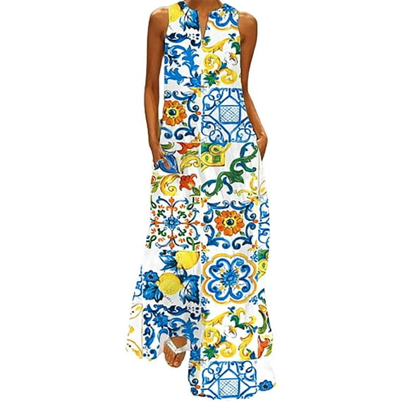 Fesfesfes Womens Dress Floral Print V Neck Spring Tank Dress Loose Casual Sleeveless Long Dress with Pocket