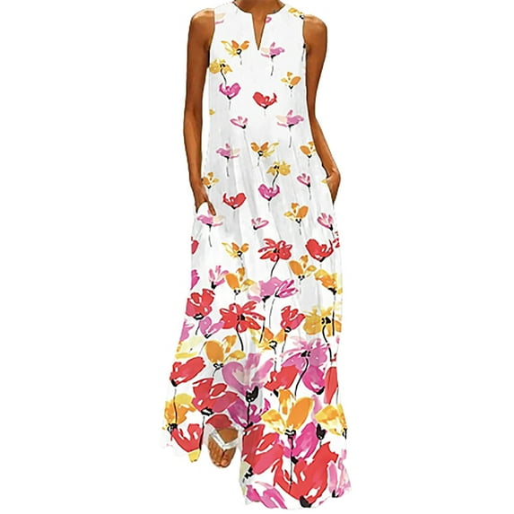 Fesfesfes Womens Dress Floral Print V Neck Summer Tank Dress Loose Casual Sleeveless Long Dress with Pocket