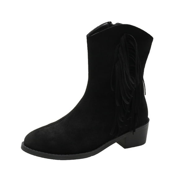 Fesfesfes Womens Dress Shoes Large-size Fringe Back Zipper Ankle Boots Non-slip Chunky Heel Snow Boots 41(US:8)