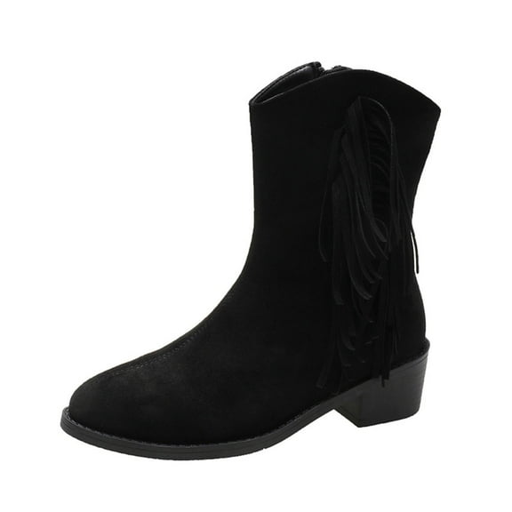 Fesfesfes Womens Dress Shoes Large-size Fringe Back Zipper Ankle Boots Non-slip Chunky Heel Snow Boots 42(US:8.5)