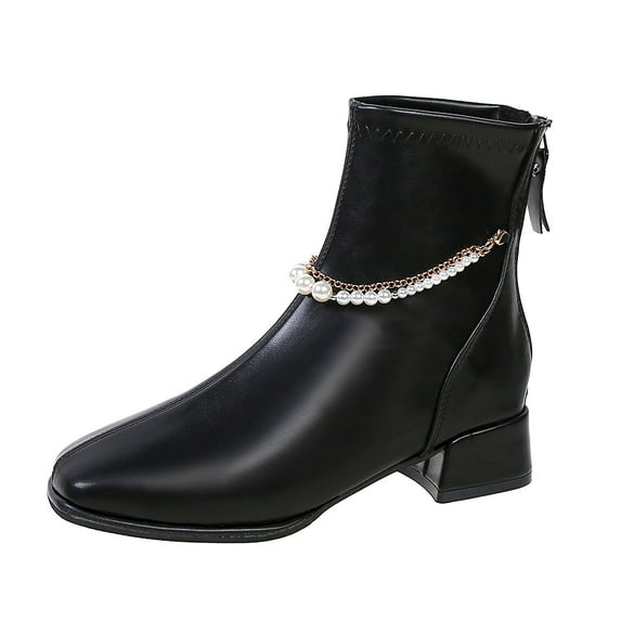 Fesfesfes Womens Dress Shoes Low Drum Metal Pearl Chain Thick High Heel High Warm Zipper Flat Head Knight 6.5(38)