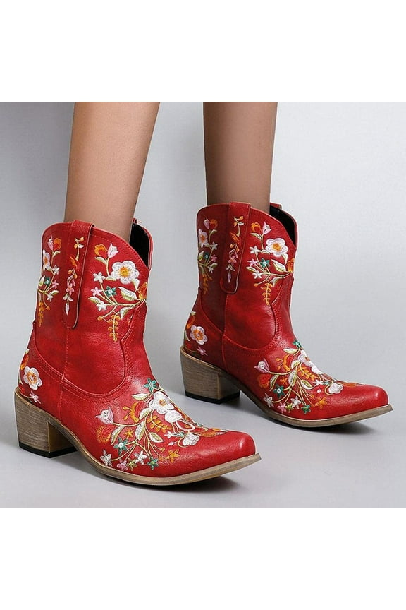 Womens Fall Boots Fashion Embroidered Cowgirl Riding Casual Warm Middle Heels Middle Tube Short Shoes 7(39)