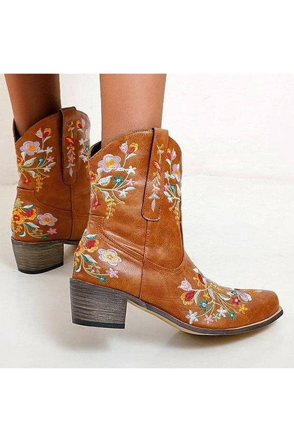 Womens Fall Boots Fashion Embroidered Cowgirl Riding Casual Warm Middle Heels Middle Tube Short Shoes 9(42)