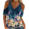 thumbnail image 1 of Fesfesfes Womens Fashion Women Summer T- Shirt Cold Shoulder Pullover Blouse V-Neck Short Sleeve Printed Tops Womens Tops 8(L), 1 of 4