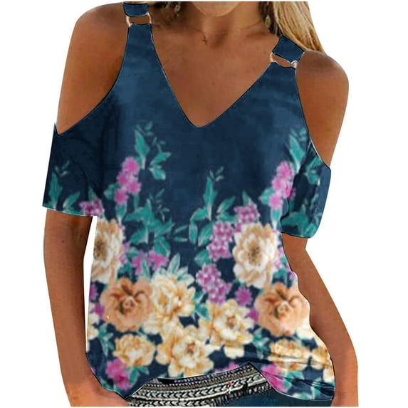 Fesfesfes Womens Fashion Women Summer T- Shirt Cold Shoulder Pullover Blouse V-Neck Short Sleeve Printed Tops Womens Tops 8(L)