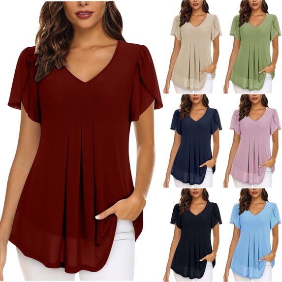 Fesfesfes Womens Fashion Tops Women's Fashion Chiffon Solid Color Casual V-Neck Short Sleeve T-shirt Tops Womens T Shirt 8(L)