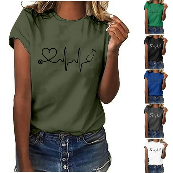 Fesfesfes Womens Fashion Tops Women's Short Sleeves Print Nurse's Day Casual Tops Pullover Blouse T-shirt Women's Short Sleeve Tops M(US:6)