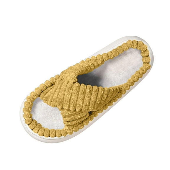 Fesfesfes Womens Fuzzy Crisscross Strap Slippers Cozy Indoor Outdoor House Shoes Comfortable Soft Plush Footwear Warm Winter Casual Wear Non Slip Sole(Yellow,42(US:9))