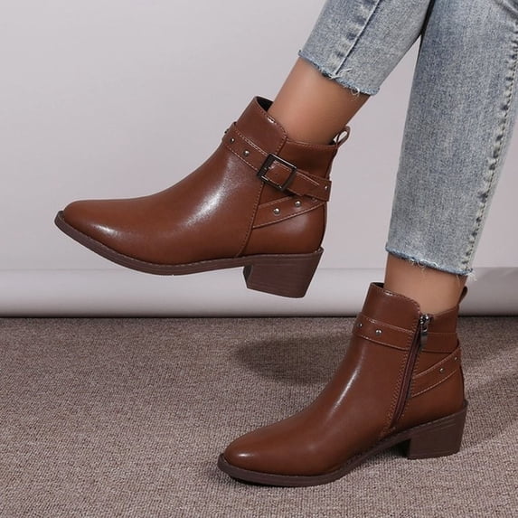 Fesfesfes Womens Hiking Boots Fall Winter Solid Color Flock Boots Chunky Heel Middle Heel Short Boots Pointed Toe Boots 6.5(38)