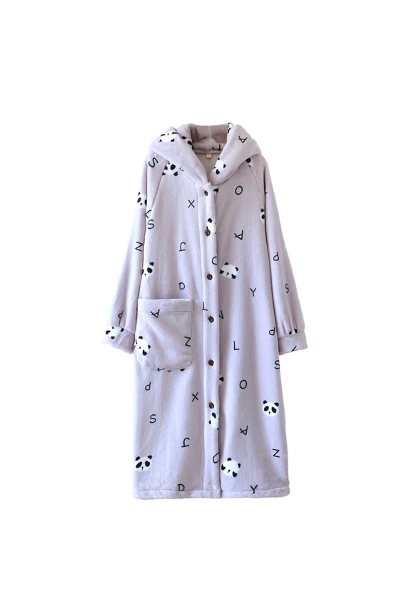 Womens Hooded Printed Cardigan Robe Long Sleeve Button Front Loungewear Soft Cozy Fleece Bathrobe for Home Winter Fall Nightwear Pocketed Homewear Housecoat(Purple,L)