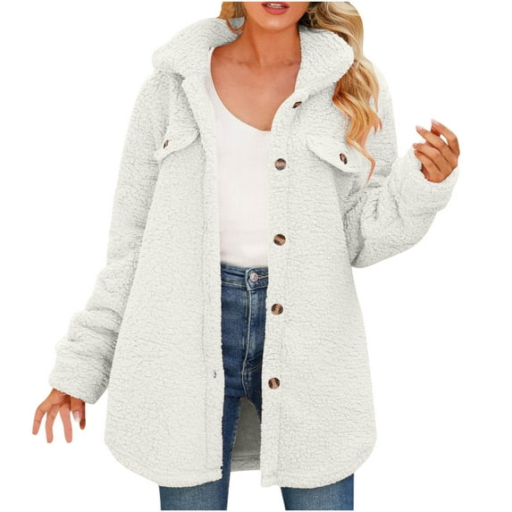 Fesfesfes Womens Jackets Fall Solid Color Lapel Long Sleeved Loose Breasted Long Plush Jacket On Sale