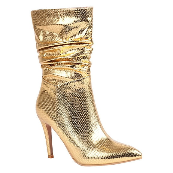 Fesfesfes Womens Knee High Boots Oversized Fall Slender High Heels Pointed Pleated Metal Pile Up Short Boots US:7(39)