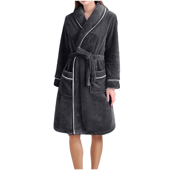 Fesfesfes Womens Long Sleeve Robe Winter Warm Fleece Bathrobe Cozy Homewear Soft Pajamas for Women Plus Size Pocket Housecoat Sleepwear Home Wear(Black#1,M)