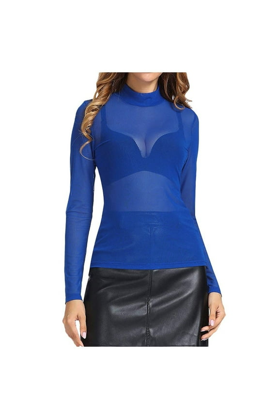 Womens Mesh Bottoming Shirt Long Sleeve High Neck Top Sheer Mesh Yoke Casual Blouse Shirt
