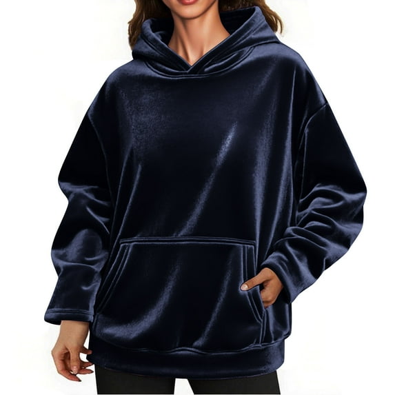 Fesfesfes Womens Oversized Sweatshirts Long Sleeve Pullover Fall Hooded Outfits with Pockets Loose Comfy for Fall Winter Outdoor Tops(Navy,M)