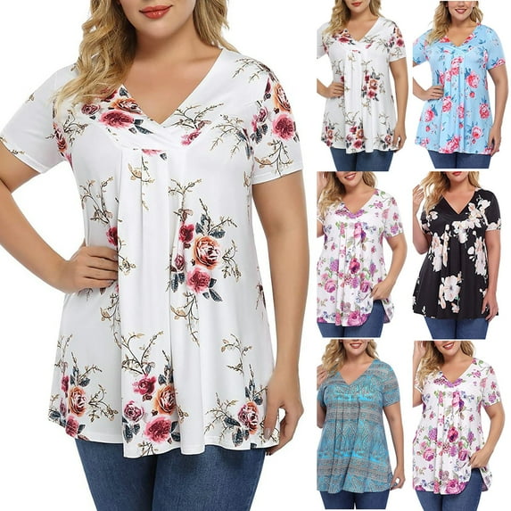 Fesfesfes Womens Oversized T Plus Size Women Short Sleeve Printed V-Neck Boho Blouse Basic Tee Tunic Tops Tshirt for Women 8(L)