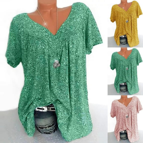 Fesfesfes Womens Oversized T Shirts Plus Size Short Sleeve Tops V-Neck Print Blouse Pullover Tops Shirt Women Clothing L(US:8)