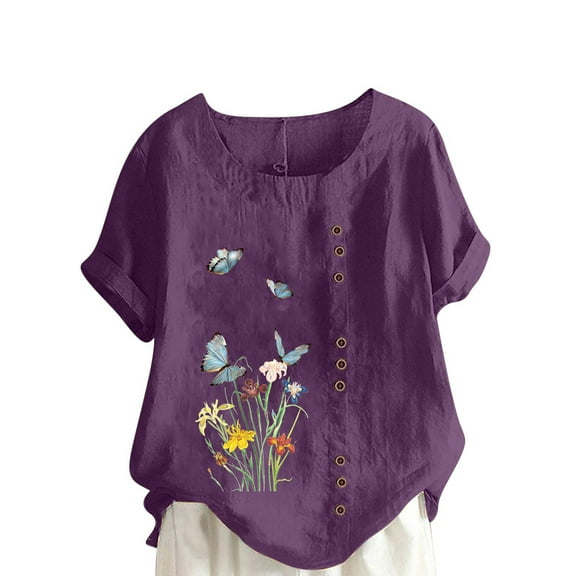 Fesfesfes Womens Oversized T Women Summer Print Regular Button Round Neck Short Sleeve Women Short Sleeves Top T Shirts for Women 6(M)