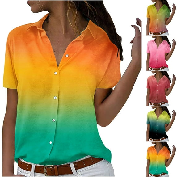 Fesfesfes Womens Oversized Tshirts Women Short Sleeve V-Neck Lapel Print Blouses Summer Casual Tops Tshirts 6(M)