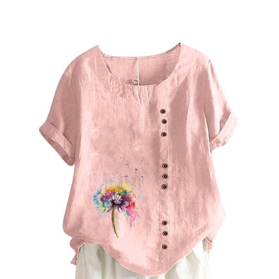Fesfesfes Womens Oversized Tshirts Women Summer Sexy Print Regular Button Round Neck Short Sleeve Women Short Sleeves Top Gym Clothes for Women 18(XXXXXL)