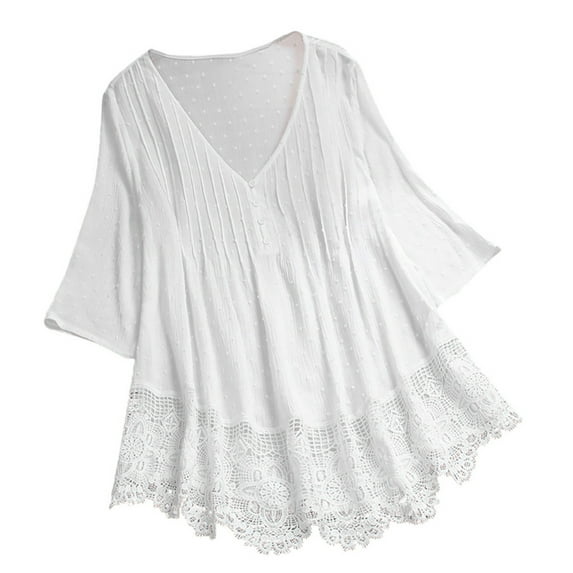 Fesfesfes Womens Oversized Tshirts Women's Solid Color Tops V-Neck Linen Tops Long Sleeve Shirt Fashion Lace Hollow Top Tee 5XL(US:18)
