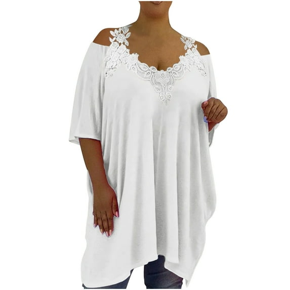 Fesfesfes Womens Oversized Tshirts Women's Summer Solid Short Sleeve Fragmented Flower Shoulder Strap Round Neck Tops Blouses Womens Tshirt 4XL(US:16)