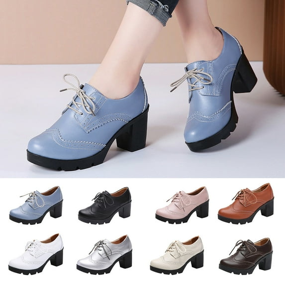 Fesfesfes Womens Platform Heels Oversized Cowhide Soled Synthetic Sports British Style Block Shoes High Heels Solid Color Hollowed Out Lace Cut Mary Womens Shoes 6.5(38)