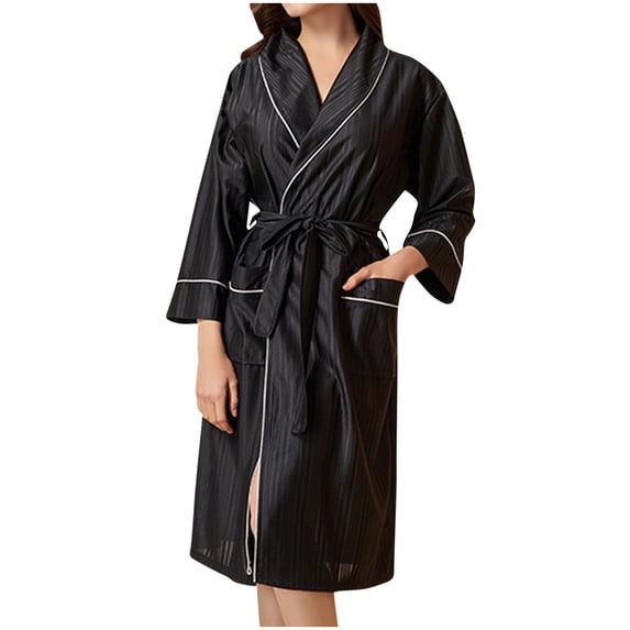 Fesfesfes Womens Robe Lightweight Housecoat Casual Wear Soft Bathrobe for Women Cozy Robe Mid Length Robe Cool Feeling Robe for All Season Home Wear Casual Robe with Pockets(Black,M)