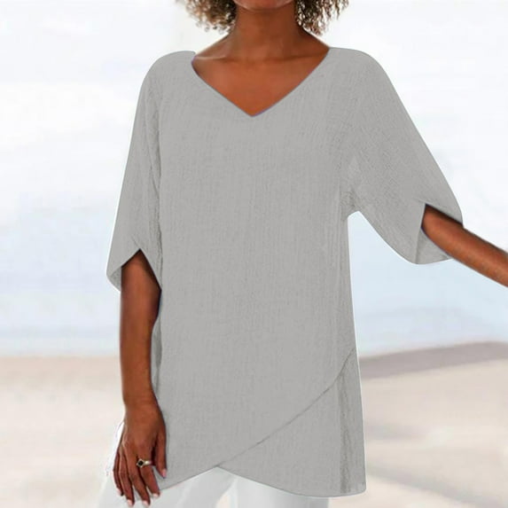 Fesfesfes Womens Shirt Fashion Women Casual Short Sleeve V-Neck Cotton Irregular Tops Blouse Tshirts Shirts for Women S(US:4)