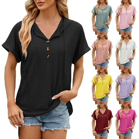 Fesfesfes Womens Shirt Women's V- Neck Hollow Out Recreational Short Sleeve Tops Blouse Women Shirts XL(US:10)