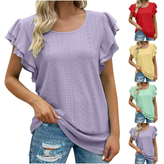 Fesfesfes Womens Shirts Fashion Womens Short Sleeve Summer Solid Color Casual Top Pullover T-shirt Cream Short Sleeve Shirt Women XS(US:2)