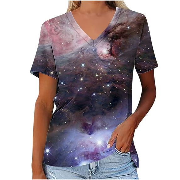 Fesfesfes Womens Shirts Women's Fashion Casual Print Astral V-neck Short Sleeve T-shirt Yoga Top 2XL(US:12)