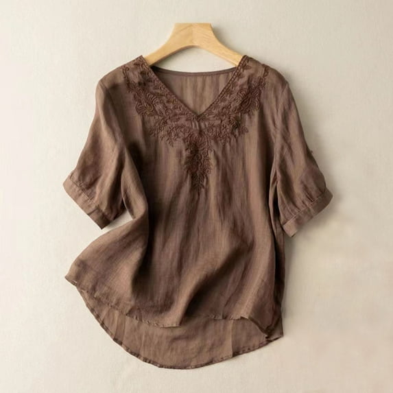 Fesfesfes Womens Shirts Womens Spring Summer Solid Color Casual Loose Fashion T-Shirt Short Sleeve V-Neck Embroidery Tops Cotton And Linen Blouse Womens Tees L(US:8)