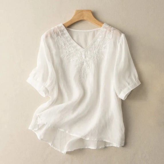 Fesfesfes Womens Shirts Womens Spring Summer Solid Color Casual Loose Fashion T-Shirt Short Sleeve V-Neck Embroidery Tops Cotton And Linen Blouse Womens Tees M(US:6)